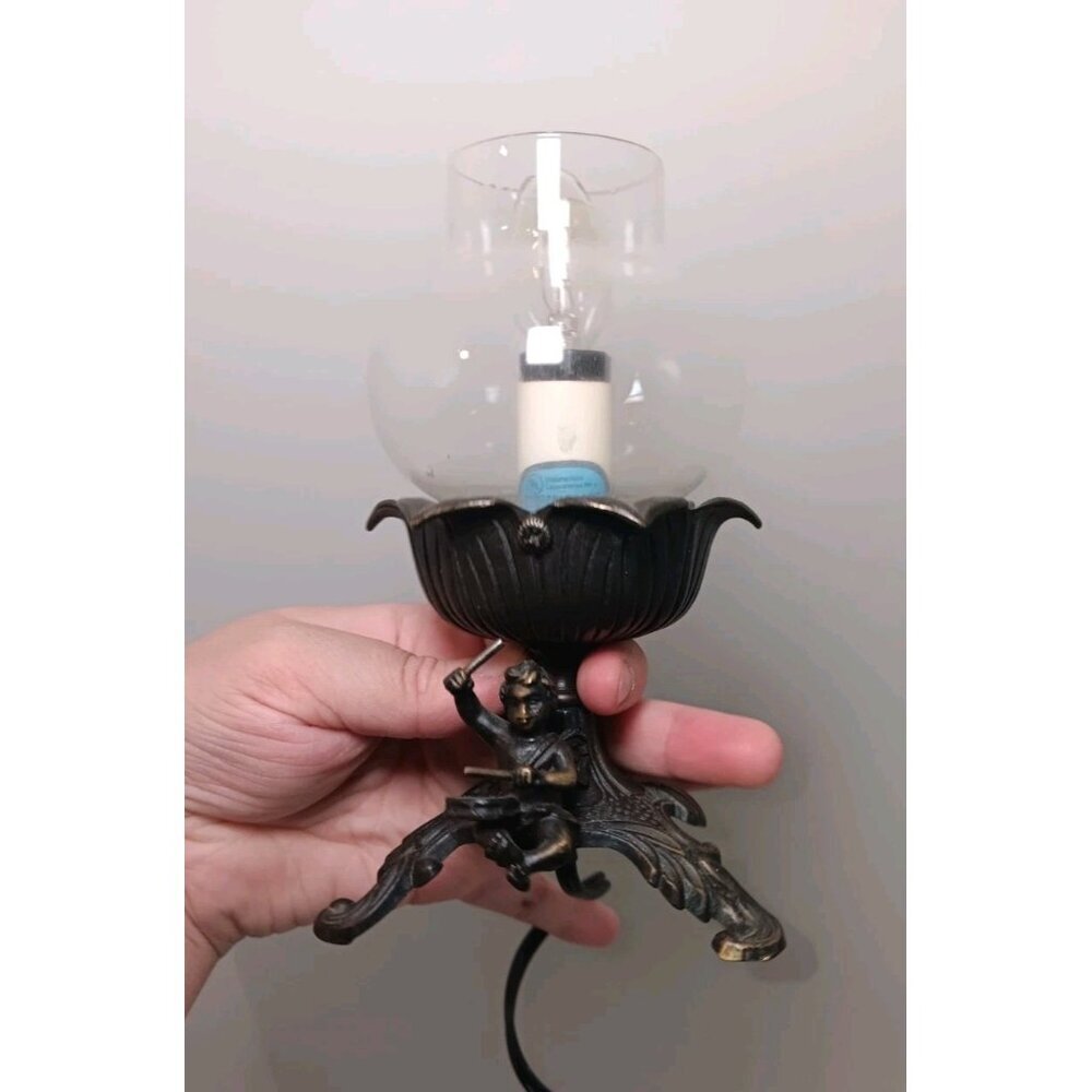 Vintage Art Nouveau Small Cast Iron Table Lamp With Cherub Drummer Stamped L